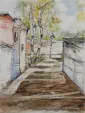 Gasse in Kyritz, Federzeichnung, Aquarell, 2019, 40 x 30 cm