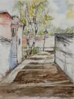 Gasse in Kyritz, Federzeichnung, Aquarell, 2019, 40 x 30 cm